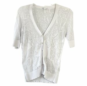 New York & Company White Sheer Paisley Short Sleeve Button Sweater Womens Medium